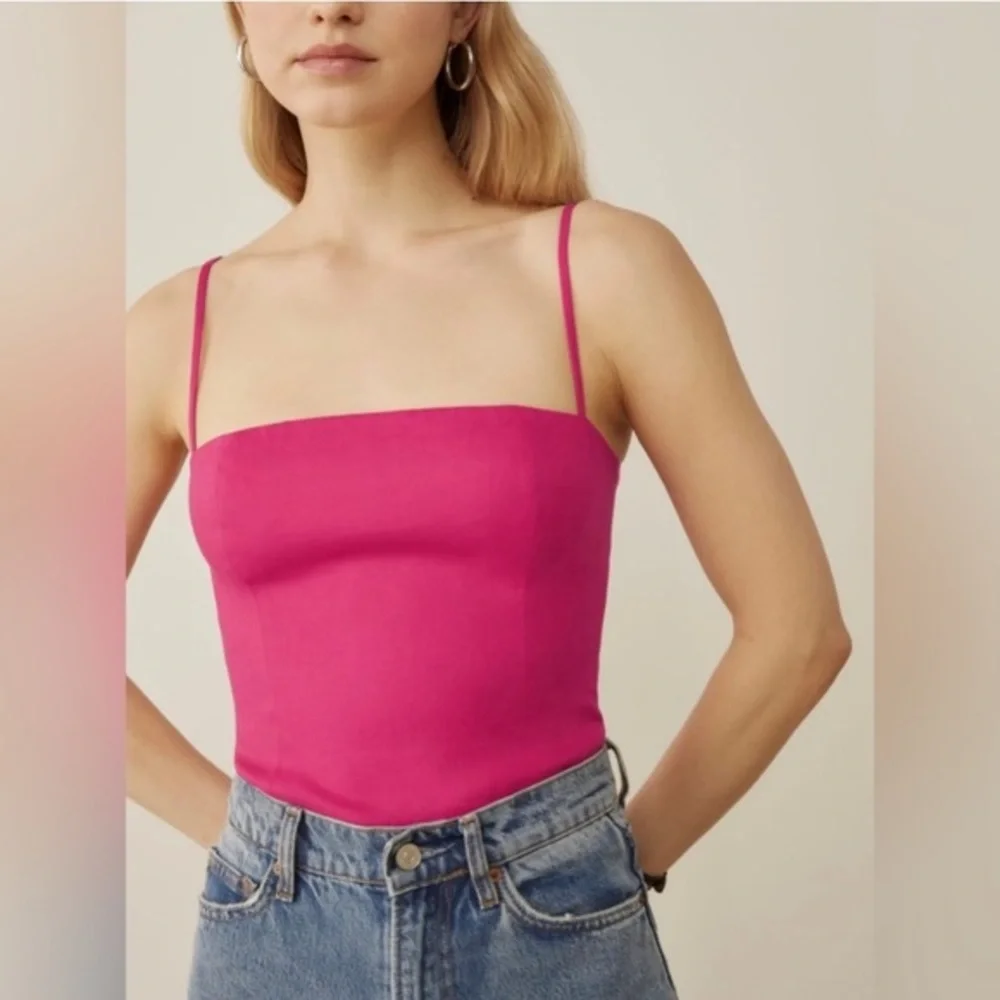 Reformation Overland Linen Camisole Spaghetti Strap Fitted Smocked